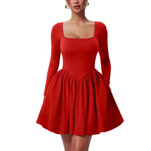 OYS Women's Casual Long Sleeve Square Neck Back Belt A Line Ruffle Hem Mini Dress with Pockets