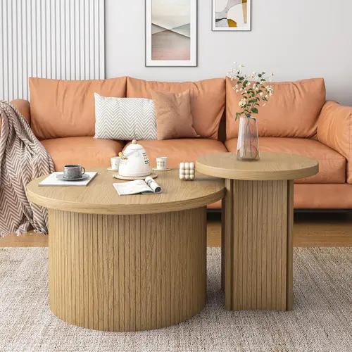 2-Piece Modern Farmhouse Wooden Fluted Panel Nesting Coffee Table Set - Groove Base, Compact Sizes, Space-Saving Furniture, Easy Assembly, Versatile Living Room Accent, Farmhouse Console Table Alternative