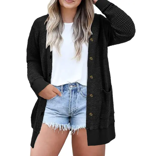 Aleumdr Women's Plus Size Waffle Knit Cardigan - Full Sleeves, Front Button, Baggy Oversized, Elastane, Soft Breathable Stretchy Skin-Friendly, 1X-5X Tops for Halloween, Work, Everyday Wear Knitwear, Casual Loose Cardigan, Plus Size Fashion