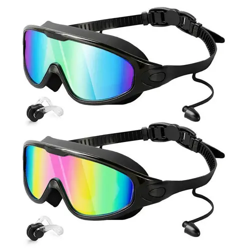 GOECI 2 Pack - Swim Goggles for Adults  - Anti-Fog Full-Coverage, 3-Color UV Lens, Waterproof Earplugs & Nose Clip