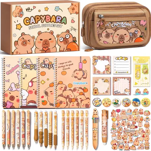 36PCS Lightweight Adorable Capybara Stationery Set - Kawaii College School Supplies, Back to School Stuff with Pencil Case, Gel Pens, Mechanical Pencils, Stickers, Pins, Notebooks, Sticky Notes - Office Accessories, Teen Girl Gifts,back to school shopping