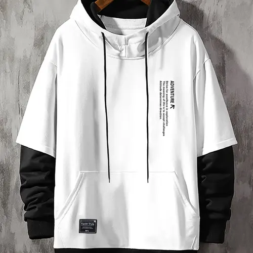 Men's Fleece Hoodie Sweatshirt, Fashion Colorblock Design, Comfortable Loose Fit Longsleeves Pullover, Cotton Drawstring Hooded Casual Long Sleeve Top, Casual Streetwear Sweatshirt, Casual Warm Sweatshirt, Relaxed Fit Sweatshirt