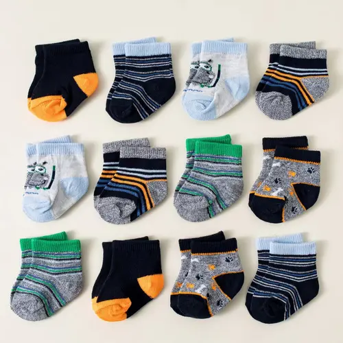 12 Pairs Animal Stripe Kids Socks, Toddler Socks, Baby Clothing, Soft Breathable Sporty Style, Suitable for Boys Aged 0-3, Daily Wear & Outdoor Activities Socks Set