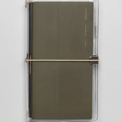 A5 Slim Size | Cloth & Paper Clear Vinyl Travel Notebook Cover | 5 1/8" x 8 3/4" | Transparent Planner Cover with Elastic Binding for 4 Refills | Clear Notebook Cover for Planners – Beige Bungee Closure