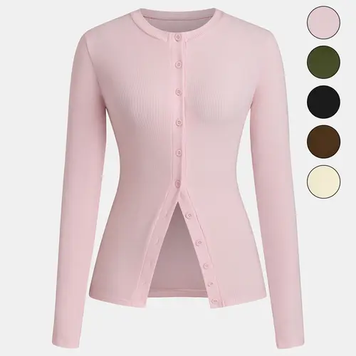 Women's Casual Round Neck Long Sleeve Button Front Fitted Knit Top, Basic Solid Color Design, Extended Length, Perfect for Everyday Wear, Casual Knitwear, Womenswear
