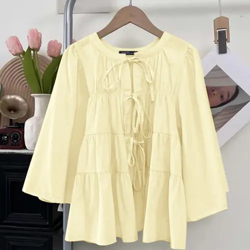 Casual Basic Round Neck Long Sleeve Loose Fit Shirt All Seasons Blouse Top Casual Daily Tops with Front Tie Design, Woven Fabric Breathable Comfortable and Stylish Lady Women's Clothing for Everyday Wear Womenswear