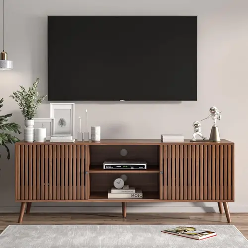 Mid Century Modern TV Stand - Natural Finish, Sliding Doors, Open Shelf, Cable Management, 70-in Capacity, Sturdy, 15.75in D x 63in W x 22.7in H, 25+kg Support, Waterproof, Easy Assembly, Living Room Storage Entertainment Center Decor