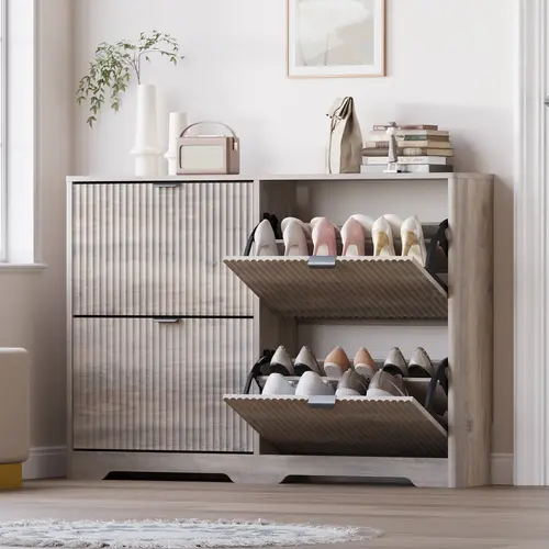 Shoe Cabinet Storage for Entryway with 4 Flip Drawers, Black Fluted Shoe Cabinet with Adjustable Shelves, Wooden Hidden Shoes Rack Freestanding Narrow Slim Shoes Storage for Hallway, Entrance ,dorm essentials,home decor