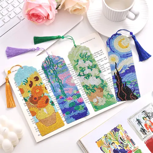 Adults' DIY Acrylic Diamond Painting Needlework Kit - 4 Pieces, Beginner-Friendly Creativity Supplies with Optional Bookmarks, Stickers, Refrigerator Magnets, Artistic Elegance, Ideal Birthday Gift for Friends, DIY Page Marking