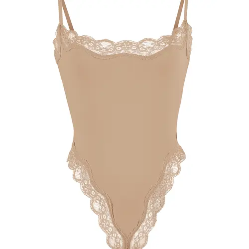 Women's Sexy Spaghetti Strap Lace Trim Shaping Bodysuit, Elastic Abdomen Control Shapewear Underwear Body Shapers