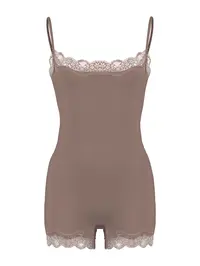 Women's Solid-Color Stretch Romper with Lace Trim & Adjustable Thin Straps, Lightweight Slightly Sheer Adjustable Strap Quick-Drying Flattering Bodysuit, Featuring Seamless Sweat-Wicking Design for Outdoor Clothing