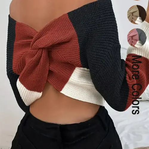 Elegant Off-Shoulder Colorblock Knit Sweater Top, Casual V Neck Twist Design, Spring & Fall Fashion, Fitted Medium Fabric, Knitwear, Vneck Knit Top
