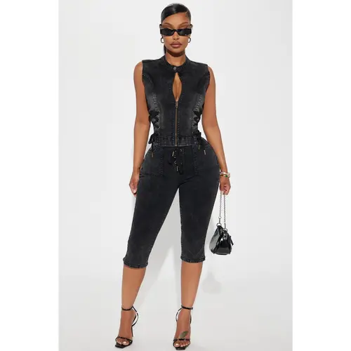 Leveled Up Lace Up Stretch Denim Capris - Black Wash