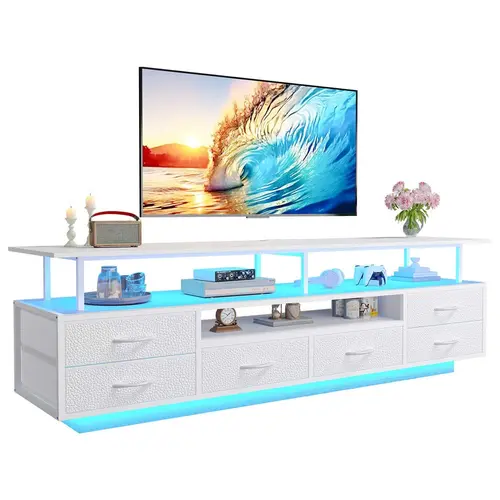Sikaic TV Stand with LED Lights and Power Outlets White Modern Entertainment Center with Open Shelves and 6 PU Fabric Drawers, TV Media Console Table for 65-70 Inches TV storage For Living Room, Home Furniture Christmas Gifts [SohoChic]