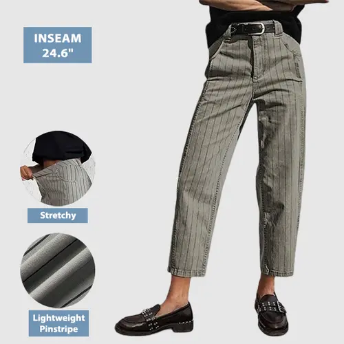 Flamingals Pinstriped Mid Waist Straight Leg Crop Pants Comfort Casual Womenswear
