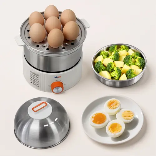 TAKOO 3-in-1 Electric Egg Cooker, Double-Layer Large Capacity, 14-Egg, 350W Rapid Egg Poacher With Auto Shut-Off, Stainless Steel Material, Cooks soft, medium, or hard-boiled eggs with auto shut-off，includes measuring cup