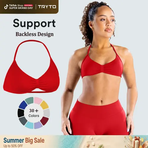 [SIZE UP 1] TRYTO Impact Strappy Bra Backless Halter Sports Yoga Top Women Workout Fitness Sportswear Gymwear Gym Outdoor Front Motion Scrunch Tops #BackToSchool