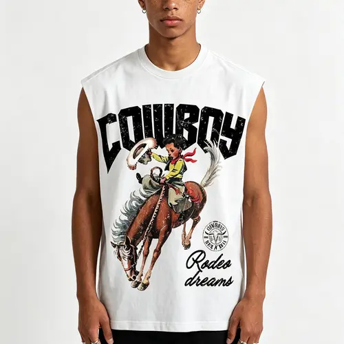 Sopula Studio Men's Retro Distressed Cotton Fabric Cowboy Rodeo Graphic Vest - Round Neck, Sleeveless, Casual Streetwear for Workout, Mens Tops