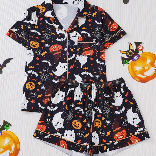 Msrlassn Women's Halloween Print Lapel Neck Pajama Set Casual Comfy Short Sleeve Top & Shorts Pj Set Ladies Sleepwear for All Seasons Loungewear