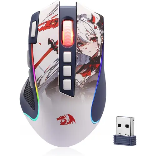 Redragon M612AK PRO RGB Wireless Gaming Mouse - Wired/2.4G/BT Wireless Modes Keep Desk Tidy, 8000 DPI PC Accessories, 9 Programmable Buttons, 7 Backlight Modes, Software-Supported DIY Keybinds, Rapid Fire Button, Rubber Side Grip, Gaming Items, Anime Them