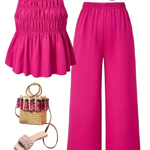 Women's Solid Color Sleeveless Cami Top & Wide Leg Pants Set, Elegant Fashion Casual Two-piece Outfits for Daily Outdoor Wear, Ladies Clothes for Summer, Matching Pajama Set, Nightwear, Womenswear, Trouser, Matching Lounge Set