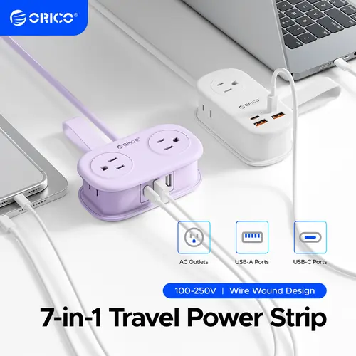 ORICO 7-in-1 Fireproof Power Strip - 3 AC Extension Sockets, USB-C/USB-A Fast Charger iPhone, 65W Output GaN PD/20W, 4FT Wrapped Cord, Flat Plug, Compact for Hotel/Dorm, Fits Tight Spaces - AP3