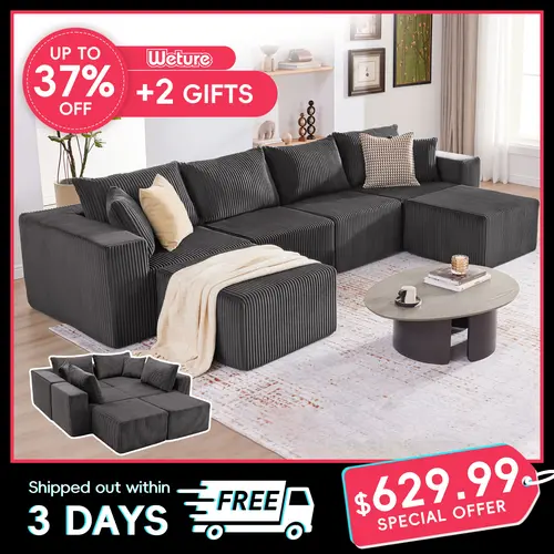 【3 packages】135.4" Cloud Couch Sectional, Modular Sofa with Deep Seat, Plush Corduroy L/U Shaped Boneless Couch, Convertible Sectional Couches for Living Room, 5/6Seat
