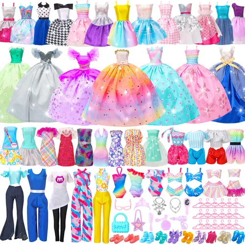 70 Pcs Doll Clothes and Accessories,2 Wedding Gown 6 Fashion Dresses 2 Set Casual Outfits 1 Top 1 Pant Bikini 1 Swimsuit,20 Hanger 10 Shoe 27 Accessories Toys for Girls Kids Birthday and Valentines Gift, Handmade