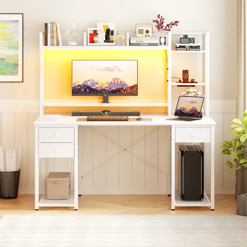 Cyclysio 47in Heavy Duty Wood Workstation - Home Office Desk with Hutch, 3 Fabric Drawers, Reversible Gaming Desk Setup, Charge Station, LED Light, Storage Shelves, Monitor Shelf, Easy Assembly, Home Office Desks, Sturdy Computer Desk, 6000 Led Moods, Flo