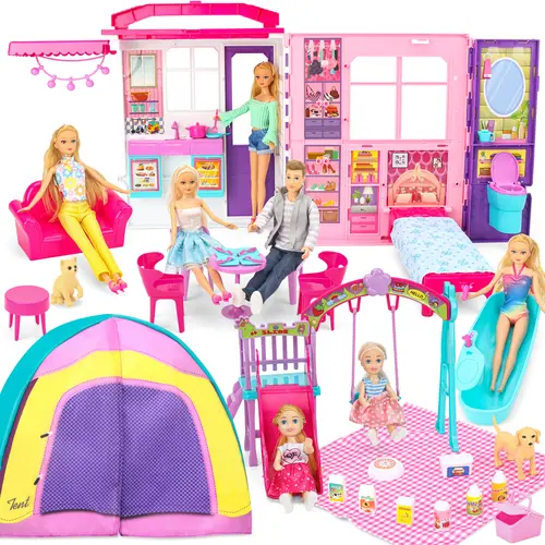 Doll House Portable & Foldable Dollhouse w/ 60+ Pcs & 2 Dolls, Play House Toy with Bedroom Kitchen  Camping Playset, Playhouse Birthday Gift for Girl Kid Toddler Furniture Accessory Kids Christmas Gift Warm Up for Holiday