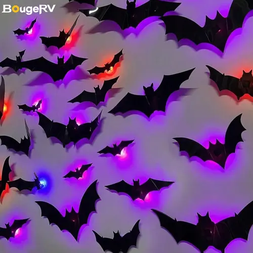 BougeRV 3D Bat Light LED Decorations, 12/24pcs Set, Halloween Spooky Decor, Bat/Spider/Butterfly Shapes, Bendable Wall Stickers, Easy Bubble-Free Application, Battery Powered, Non-Remote, Indoor Decor for Home, Party, Window, Door & Festival