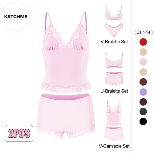 KatchMe Women's Elegant Lace Series Spaghetti Strap Lace Trim Wirefree Breathable Bralette & Panties Set (2), Basic Underwear Set, Two Piece Outfits