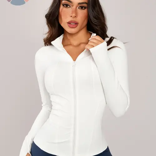 Women's Stand Collar Zip Front Jacket, Thumb Hole Design, Comfortable Sweat Wicking Breathable Training Long Sleeve Lightweight Sports Jacket for Gym & Outdoor Cycling, Athletic Jackets, Sports Outerwear, Sporty Breathable Outerwear