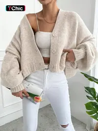 Women's V Neck Lantern Sleeve Sweater, Casual Baggy Loose-Fit Knitted Cardigan, Fall & Winter Fashion, Plain Color, One Button Design, Knitwear