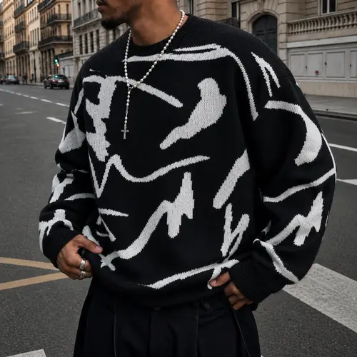 #Springfresh Men's Knitted Long Sleeve Sweater Crew Neck Y2K Graphic Casual Regular Fit Jumper for Fall & Winter Stylish Breathable Pullover Sweater Menswear Outfit Stylish Tops Grey Chinos Aesthetic Loose Fit Crewneck Fashionable Knitwear SpringStatement