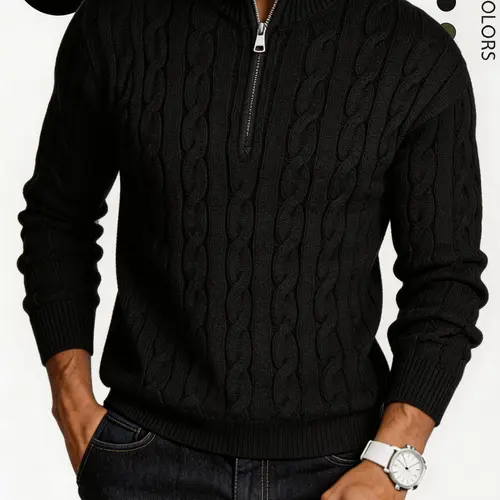 Men's solid color zipper sweater, fashionable knit long sleeved, quarter zipper knit stand up collar, polo , classic jacket, casual knit, casual elegant fabric, college style outdoor wear, open jacket  Turtleneck Knitwear   valentine sweater
