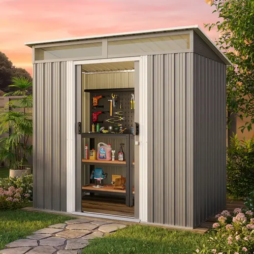 Gizoon 6'x4' Metal Outdoor Storage Shed Organizer, Multi-Use Yard Storage with Slide-Open Lockable Doors, Transparent Panels for Natural Light View, Requires Setup, Dark Gray for Backyard, Patio