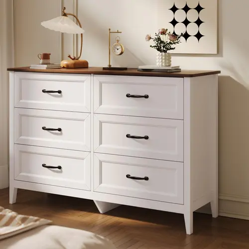 Gizoon 47.2" W Drawer Dresser, 6 Chest of Drawers, Dresser for Bedroom | Wooden Chest of Drawers with Ample Storage Space, Smooth Rail, Metal Handles, Anti-tipping, for Bedroom, Hallway, Retro