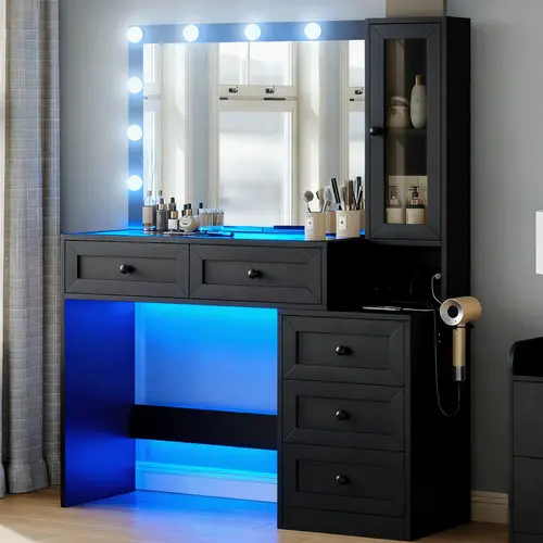 PUNICE 43" W Freestanding Lighted Vanity Table - Glowing Lights Glamorous Makeup Vanity with 5 Drawers, 3 Adjustable Brightness Modes, Power Outlet, White Bedroom Indoor Furniture Dresser, Glowing Lights Makeup Vanities, Vanity Desk Set, Dream Vanity