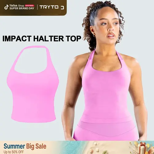 [SIZE UP 1] TRYTO Impact Halter Top Fitness Sportswear Gymwear Sports Yoga Tanks Women Solid Removable Chest Pad Casual Comfy Sleeveless Open Back Athletic Yoga Workout Gym Outdoor Running Tank Tops #BackToSchool