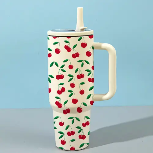 1pc 40oz Stainless Steel Insulated Mug Tumbler with Handle, Cherry Print Thermal Cup with Lid and Straw, Keep Hot 12H/Cold 24H, Leak-Proof Vacuum Mug for Coffee, Travel, Office, Great Gift for Women, Home Kitchen Essentials, Insulated Drinkware