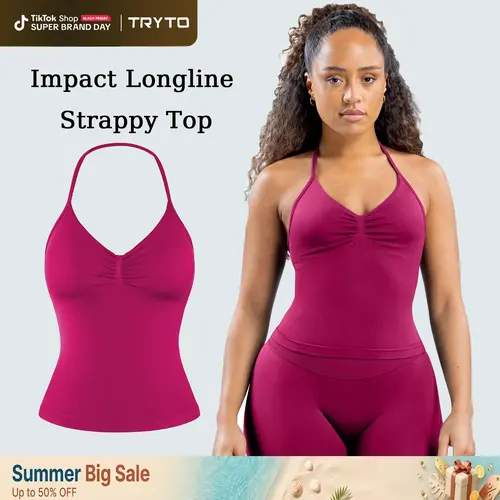 [SIZE UP 1] TRYTO Impact Longline Strappy Top Fitness Sportswear Gymwear Women Impact Longline Halter Tops Workout Longline Tank Top Compression Gym #BackToSchool