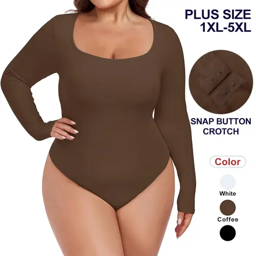 COOTRY Women's Plus Size Longsleeves Bodysuit - Scoop Neck, Thong, Ultra Stretch, Slim Fit, Button, Basic, Adjustable, Fashionable for Winter Going Out Outfits