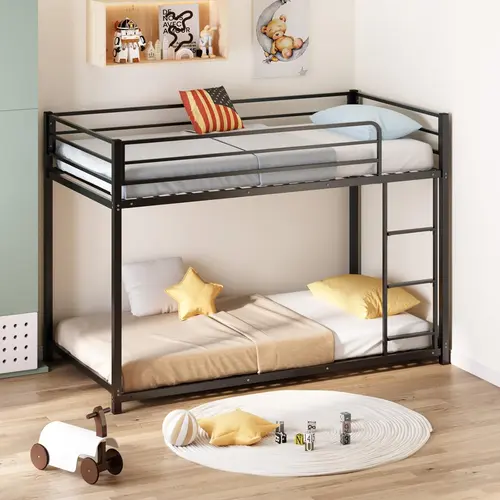 JOYMOR Bunk Bed Twin Over Twin, Metal Twin Size Bed Frame with Safety Guardraild for Boys Girls, Junior, Low Profile Space Saving Design, Mattress Not Included
