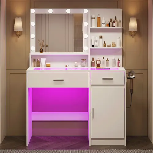 PUNICE 39" LED Illuminated Makeup Vanity Desk with Lights - Tempered Glass Top, 2 RGB Drawers, Built-in Power Outlet, Makeup Organizer, Freestanding, 12A Load Supports Hair Tools