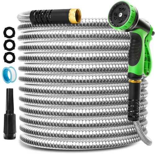 Stainless Steel Garden Water Hose (50ft/100ft) - Flexible, Durable, Kink-Free, Puncture-Proof Metal Hose with 3 Sprinkler Heads, 10 Nozzles, 3 Connectors for Outdoor Watering, Spraying