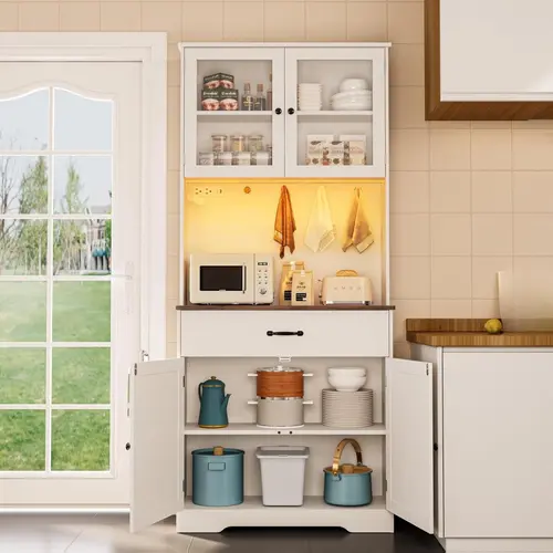 Gizoon 71in Retro Kitchen Pantry Cabinet - Modern Sideboard, Farmhouse Buffet, Cabinet Kitchen Furniture with Strip Light, Drawers, Doors, Charging Station, Adjustable Shelves for Dining Room Table Top, 71in Dresser