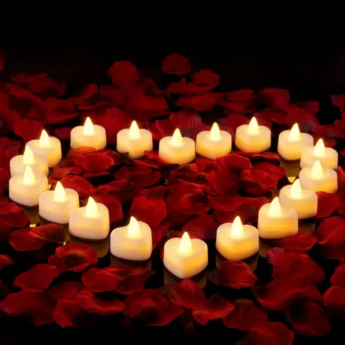 2000-Piece Artificial Flower Petals & 24 Heart LED Tea Light Candles Kit, Safe Couple Gifts for Adults, Gifts for Girlfriend, House Decor, Romantic Room Supplies