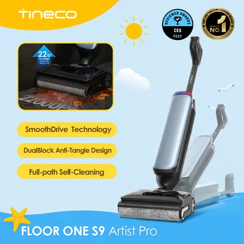 TINECO Floor One S9 Artist Pro Wet Dry Vacuum Cleaner - 22kPa Suction Power, 360-Degree SmoothDrive, Anti-Tangle Design, 185°F Flashdry, 75-Min Runtime, Dual-Edge Cleaning, 180-Degree Lay-Flat Feature, 22kpa Power,dorm essentials,home essentials
