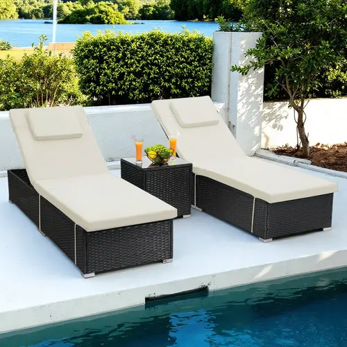 3 Piece Set; Includes 2 Wicker Chaise Lounge Chairs for Outdoors with Matching Side Table, Idea Oversized Reclining Patio Lounger with Washable Cushions, tiktokshopspringglowup summerwins